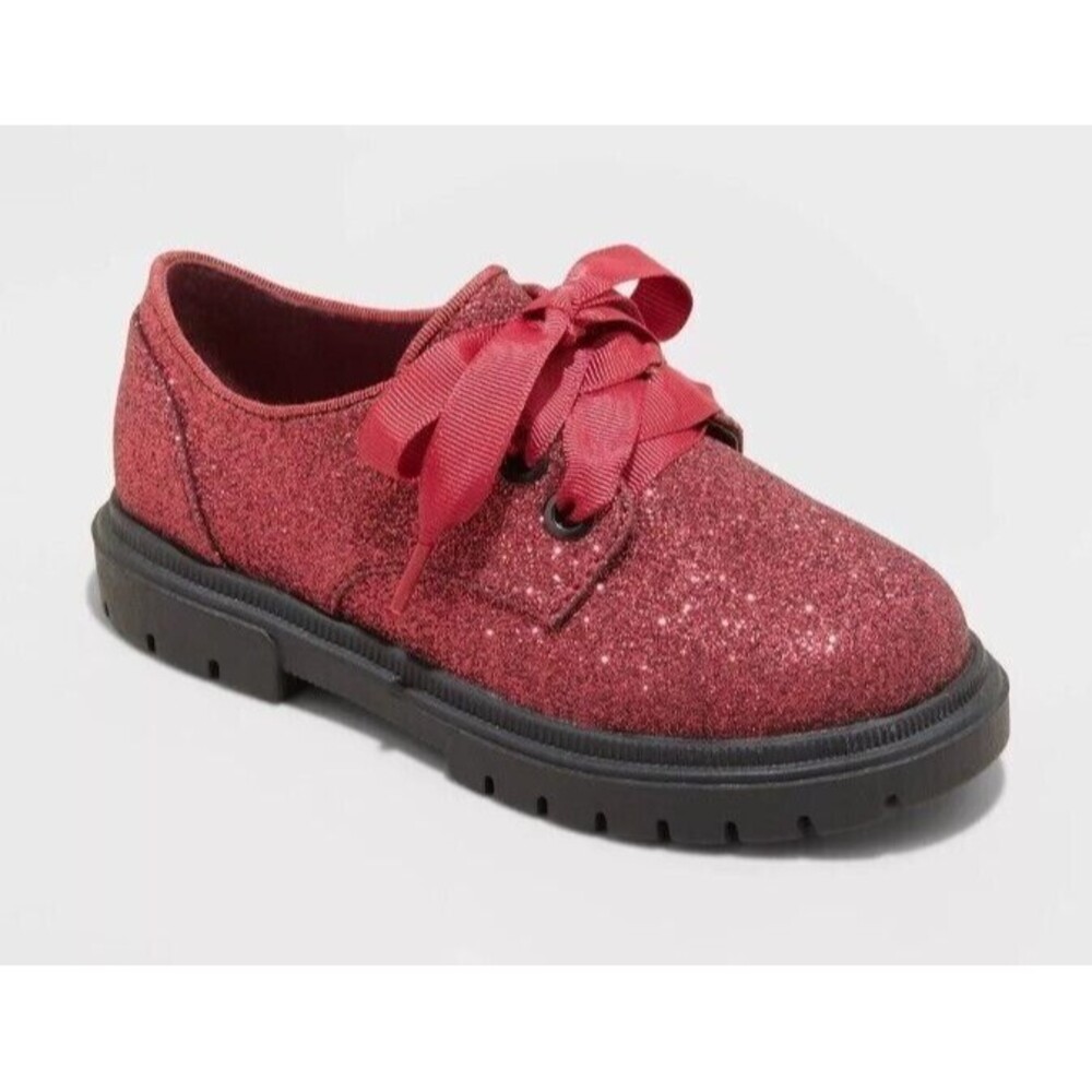 Cat & Jack Phoebe Oxford Lace-Up Shoes Red Glitter Toddler Girls 10 - NEW